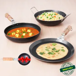The Indus Valley Pre-Seasoned Light Iron Cookware Set + Free Tadka Pan | Set of Kadai, Pan & Tawa Induction Bottom Cookw