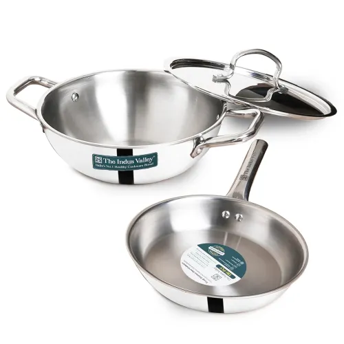 Image of The Indus Valley Triply Stainless Steel Cookware Set of 3Pcs | Kadai with Lid