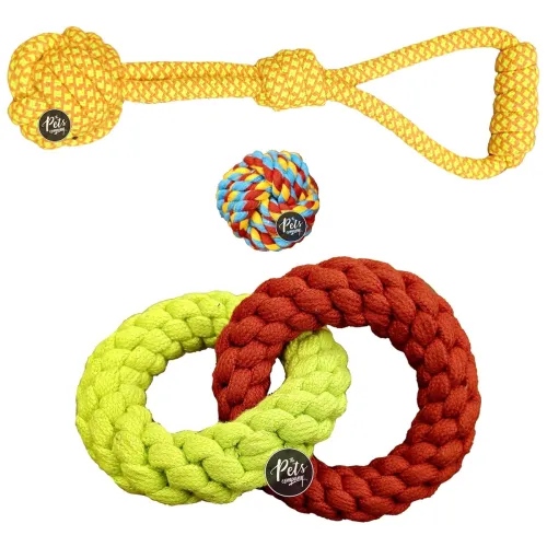 Image of The Pets Company Dog Rope Toy for Adult Aggressive Chewers, Dental Cleaning (2 Ring + Dog Ball + Tug with Grip) Dog Toy 