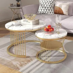 The Round Coffee Table and The Stacking Tea Table with a Gold Metal Frame are Two Versatile Modern Center Tables That Look Great in Living Rooms (White Gold)
