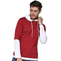 The SV Style Men's Layered Long Sleeve Hoodie, Red and White, Cotton Blend, Casual Pullover