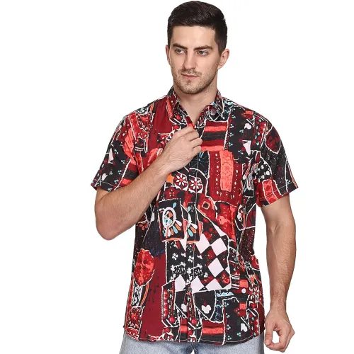 Image of The SV Style Men's Short Sleeve Button-Down Shirt, Abstract Art Print, Red and Black Pattern