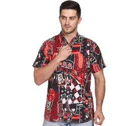 The SV Style Mens Short Sleeve Button-Down Shirt, Abstract Art Print, Red and Black Pattern