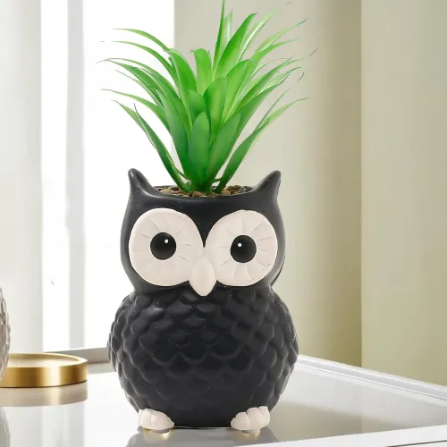 Image of The Better Home Artificial Plants with Pot (21cm Owl Shaped, Green Pineapple Leaves) | Artificial Plants for Decoration 