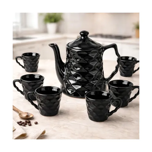 Image of The Earth Store Black Diamond Ceramic Tea Set with 6 Cups and 1 Kettle