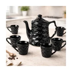 The Earth Store Black Diamond Ceramic Tea Set with 6 Cups and 1 Kettle