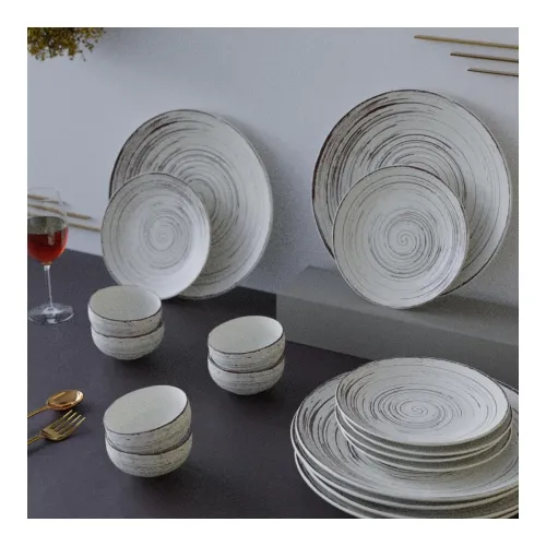 Image of The Earth Store Brown Spiral Ceramic Dinner Set of 18 Pieces Serving for 6, Microwave and Dishwasher Safe Plates & Bowls