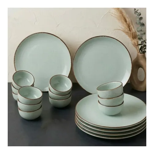 Image of The Earth Store Mint Marble Ceramic Dinner Set, 18 Pieces Includes 6 Full Dinner Plates & 12 Vegetable Bowls Microwave a