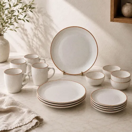 Image of The Earth Store White Matte Brown Ceramic Dinner Set 