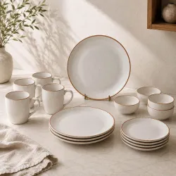 The Earth Store White Matte Brown Ceramic Dinner Set of 16 – 4 Dinner Plates, 4 Quarter Plates, 4 Vegetable Bowls & 4 Coffee Mugs | Premium Dinner Set for Home & Dining