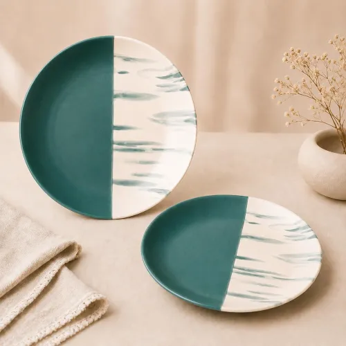 Image of The Earth Store Dual Tone Teal Italian 7 Inch Ceramic Quarter Plates Set of 2 | Microwave & Dishwasher Safe Plate | Half