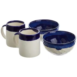 The Earth Store Studio Pottery Dual Tone White and Blue Coffee Mug with Snack Bowl- Set of 2 Each, Microwave and Dishwas