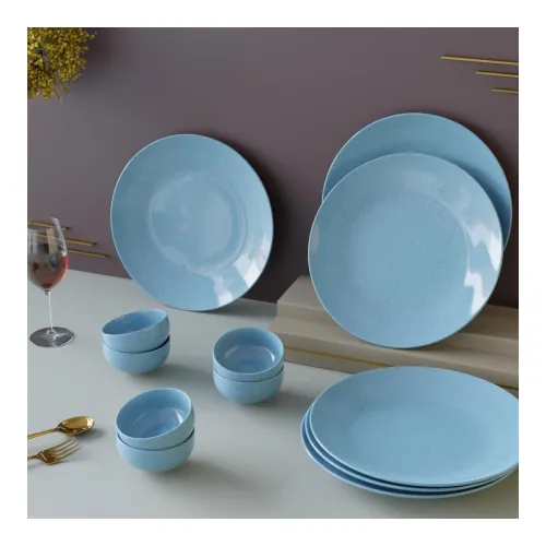 Image of The Earth Store Sky Blue Marble Ceramic Dinner Set of 12 Pieces Serving for 6, Microwave and Dishwasher Safe Plates & Bo