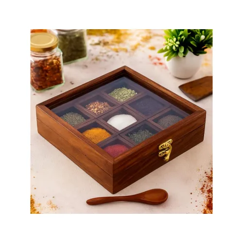 Image of THEHEARTWILL® Sheesham Wood Spice Box with 2 Spoons – 9 Compartments Masala Box/Masala Dabba/Masala Container/Masala Dab