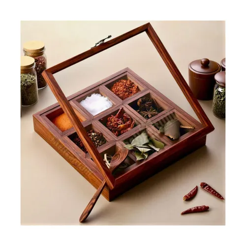 Image of THEHEARTWILL Sheesham Wooden Spice Box 50ml with Spoons
