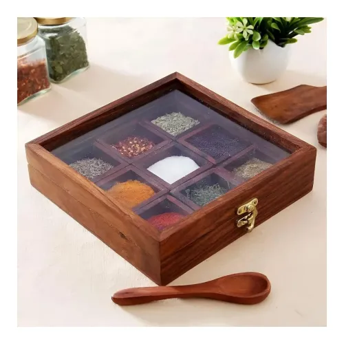 Image of THEHEARTWILL Wooden Masala Box – 9 Slot (Brown