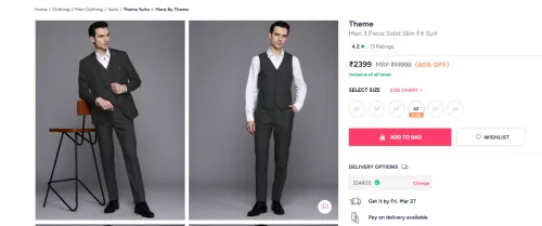 Image of Theme Men 3 Piece Solid Slim Fit Suit