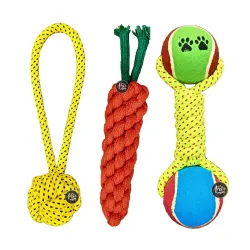 The Pets Company Dog Chew Toys for Puppy Teething & Training (Tug Ball + Carrot + Tennis Ball), Dog Rope Toy Combo of 3 for Small & Medium Dogs