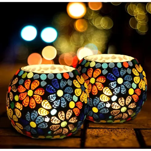 Image of The Purple Tree Glass Mosaic Tealight Candle Holder for Diwali Decor, Christmas Decor, Diwali Decoration - Pack of 2