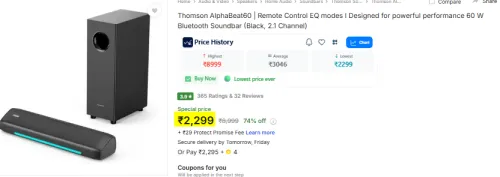 Image of Thomson AlphaBeat60 Remote Control EQ modes 60W Bluetooth Soundbar