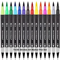 THR3E STROKES Art Markers Dual Tips Coloring Brush Fineliner Color Water Based Marker Pens Set for Calligraphy Drawing Sketching Bullet Journal (BLACK, 12) (Set of 12, Multicolor)