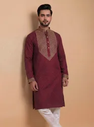 Tibra Collection Embroidered Cotton Blend Straight Kurta for Men (Maroon, Beige)