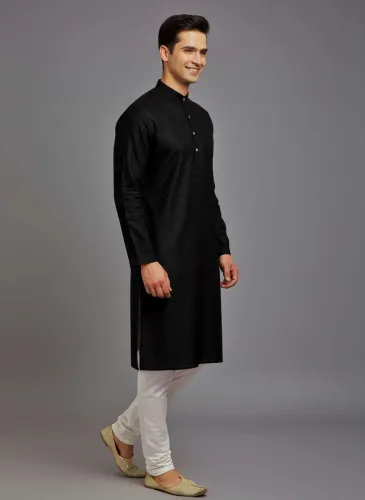 Image of Tibra Collection Men Solid Cotton Blend Straight Kurta (Black)