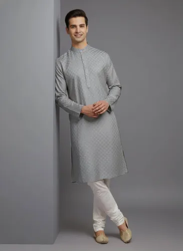 Image of Tibra Collection Men Solid Cotton Blend Straight Kurta (Grey)