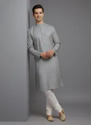Tibra Collection Men Solid Cotton Blend Straight Kurta (Grey)