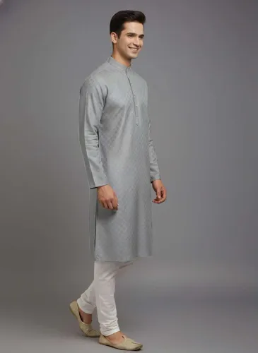 Image of Tibra Collection Men Solid Cotton Blend Straight Kurta (Grey)