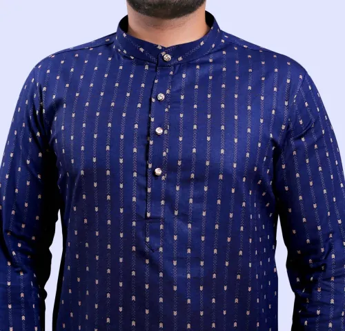 Image of Tibra Collection Men Woven Design Cotton Blend Straight Kurta (Blue)