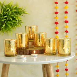 TIED RIBBONS Glass Tealight Candle Holders, Decorations Items for Home Office - Pack of 6