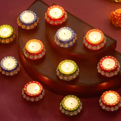 Image of TIED RIBBONS Handmade Clay Wax Filled Diyas Earthen Diya Po12