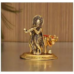 TIED RIBBONS Metal Krishna Idol with Kamdhenu Cow Statue (Small, 9 cm x 7 cm)