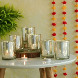 TIED RIBBONS Pack of 6 Votive Glass Tealight Candle Holders Glass Votives (Big, Silver) - Decorations Items for Home Dec