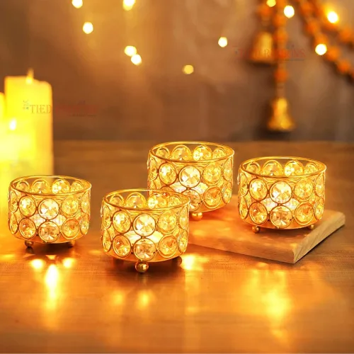 Image of TIED RIBBONS Pack of 4 Crystal Tealight Candle Holder Centerpieces Votive Candle Holders - Decorations Items for Home Di
