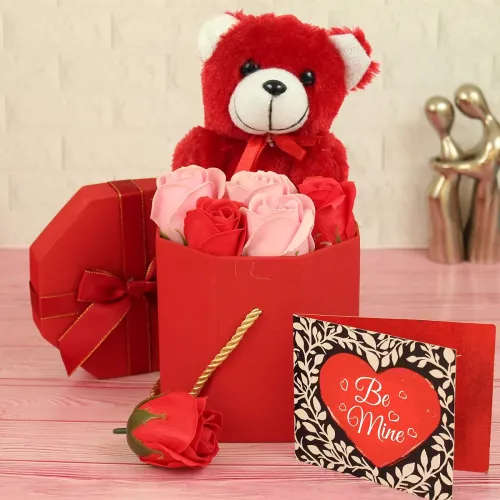 Image of TIED RIBBONS Teddy Bear Greeting Card and Artificial Rose Flowers Gift