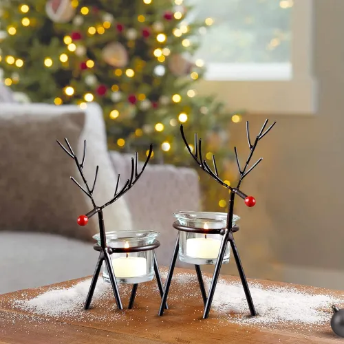 Image of TIED RIBBONS Set of 2 Reindeer Tealight Candle Holders with Glass Holders - Decorations Items for Home Décor Office Gift