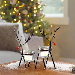 TIED RIBBONS Set of 2 Reindeer Tealight Candle Holders with Glass Holders - Decorations Items for Home Décor Office Gift