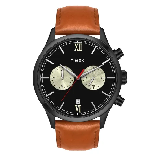 Image of TIMEX Analog Watch for man with Black Round Dial & Tan Leather Strap Band 