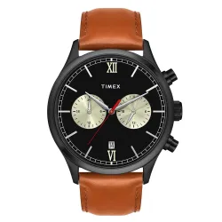 TIMEX Analog Watch for man with Black Round Dial & Tan Leather Strap Band Water Resistant Men's Wrist Watches - TWEG19808