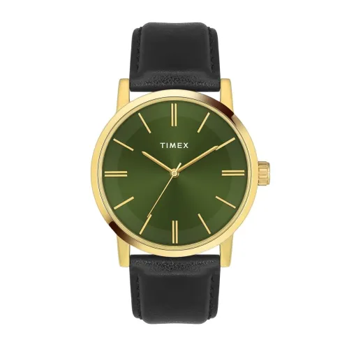Image of TIMEX Analog Watch for man with Green Round Dial & Black Leather Strap Band