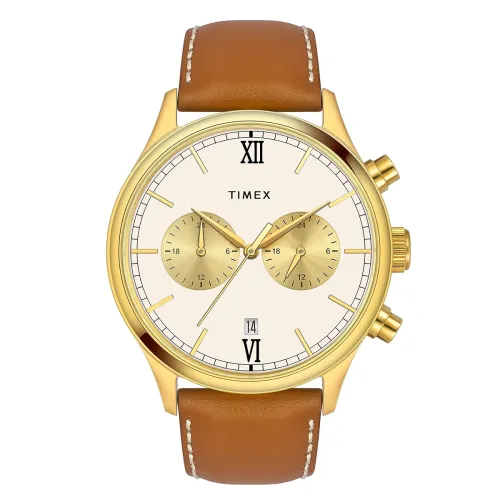 Image of TIMEX Analog Watch for man with Beige Round Dial & Tan Leather Strap Band Water