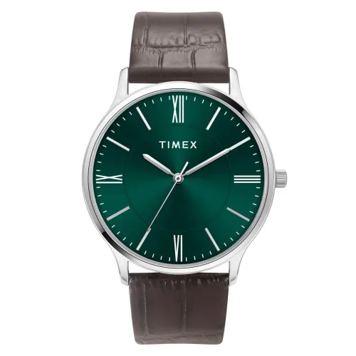 Image of TIMEX Analog Watch for man with Green Round Dial & Brown Leather Strap Band Water Resistant Men's Wrist Watches - TWTG10