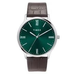 TIMEX Analog Watch for man with Green Round Dial & Brown Leather Strap Band Water Resistant Mens Wrist Watches - TWTG10