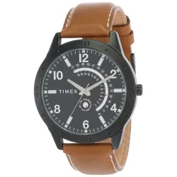 TIMEX Mens Black Dial Brown Leather Watch