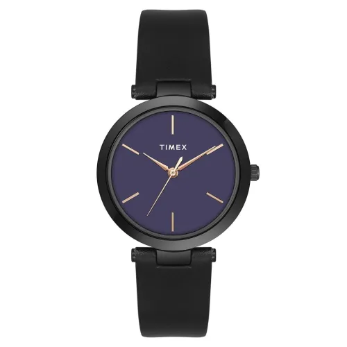Image of TIMEX Analog Watch for Women with Purple Round Dial & Black Leather Strap Band Water Resistant Women's Wrist Watches