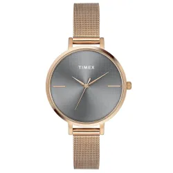 TIMEX Analog Watch for Women with Grey Round Dial & Rose Gold Stainless Steel Bracelet