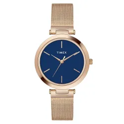 TIMEX Analog Watch for Women with Blue Round Dial & Rose Gold Stainless Steel Bracelet Band 