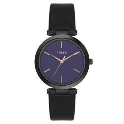 TIMEX Analog Watch for Women with Purple Round Dial & Black Leather Strap Band Water Resistant Womens Wrist Watches